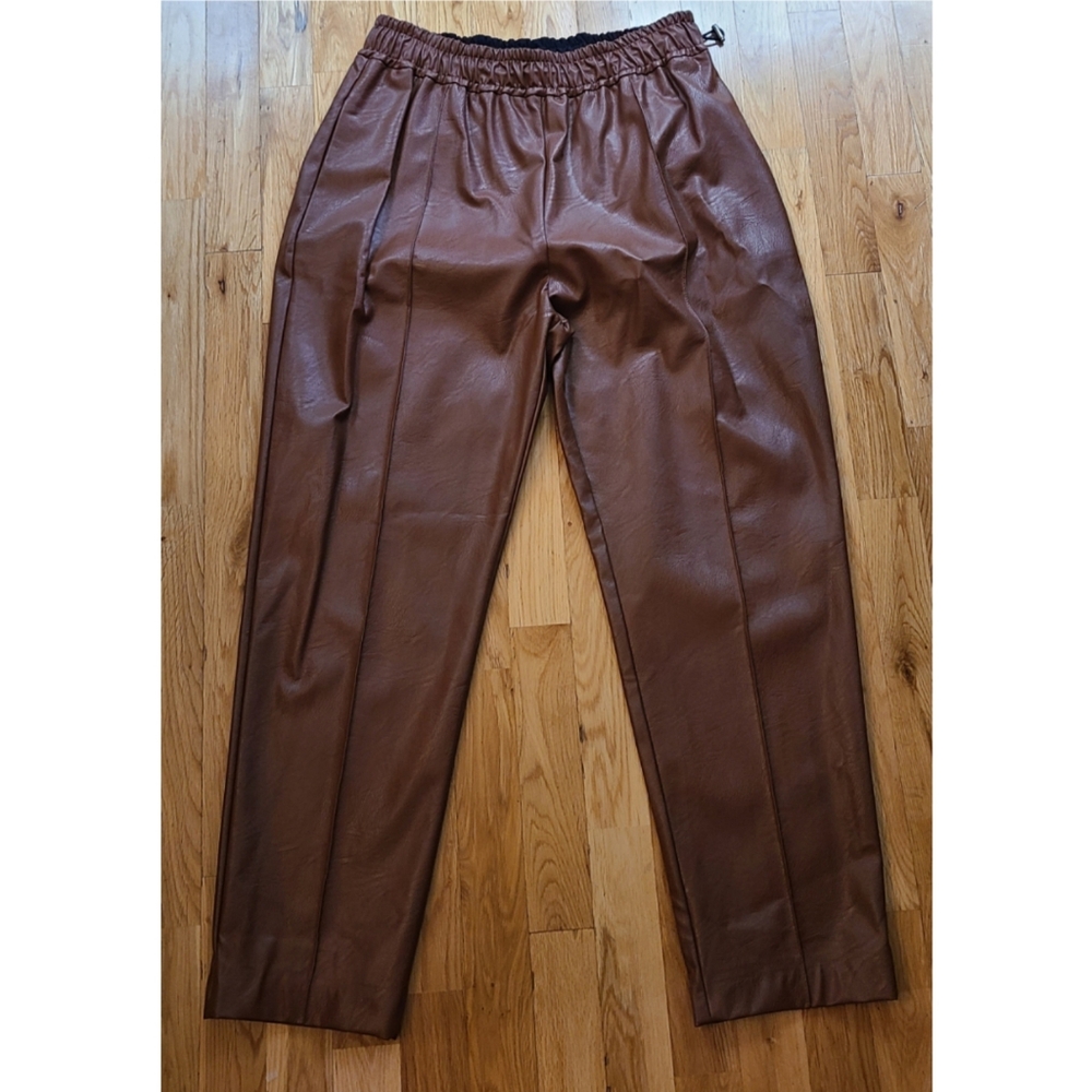 (NUDE) Vegan Leather Pintuck Tapered Leg Pant Brown Size IT 46/US 10